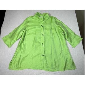 Ali Miles Women 2X Green Shimmery Asian Inspired 3/4 Sleeve Blouse Top Statement